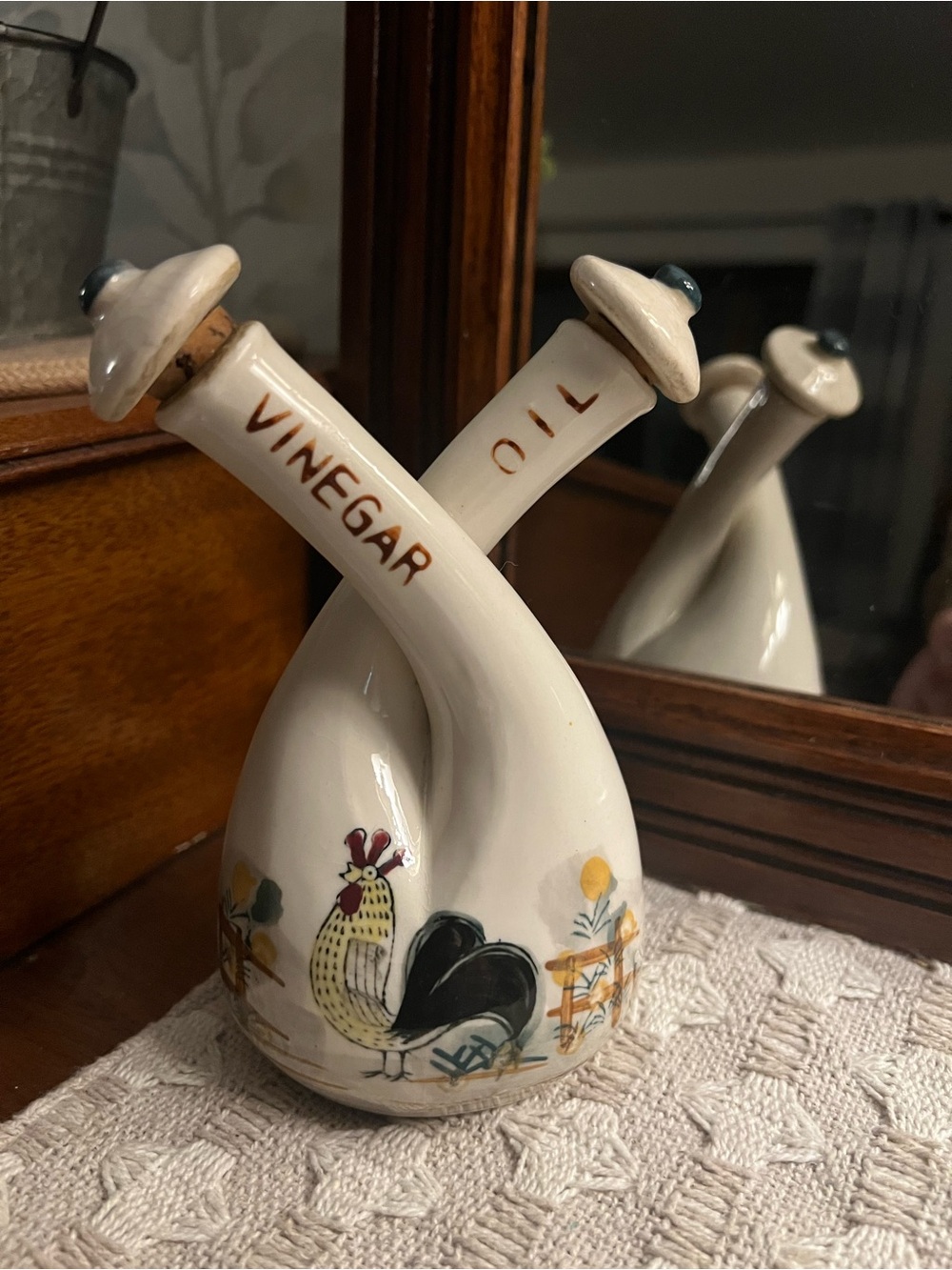 THAMES Vintage Antique Ceramic Double Neck Oil & Vinegar Bottle with Cork‎ Stop
